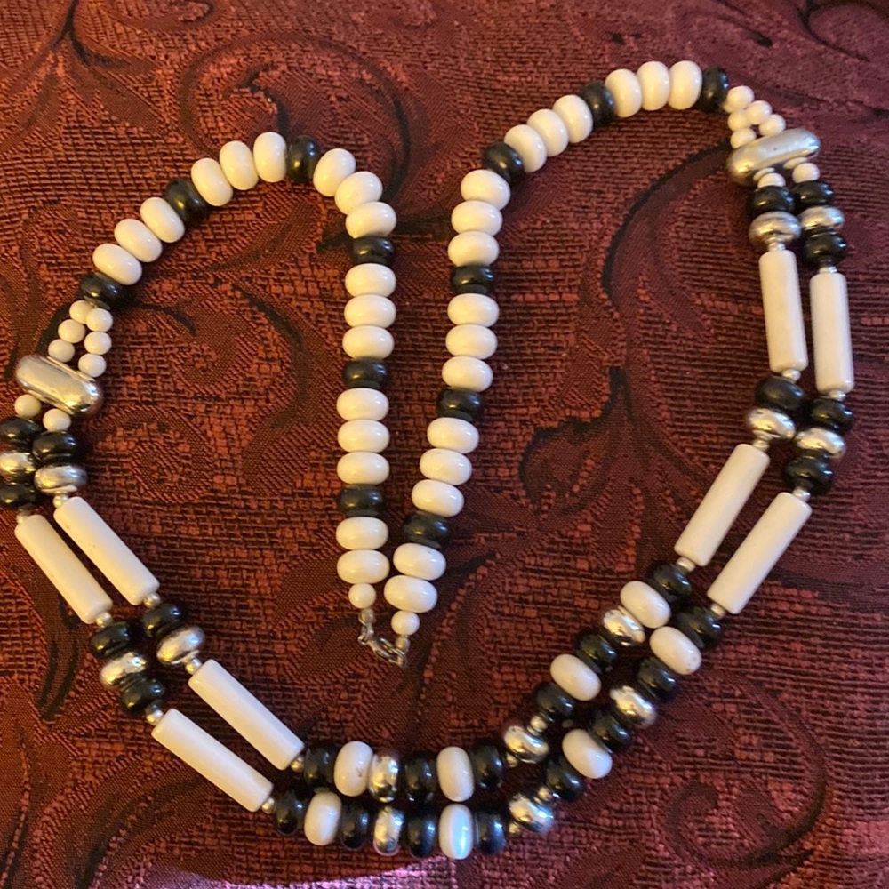 Double strand black, white and silver beaded necklace
